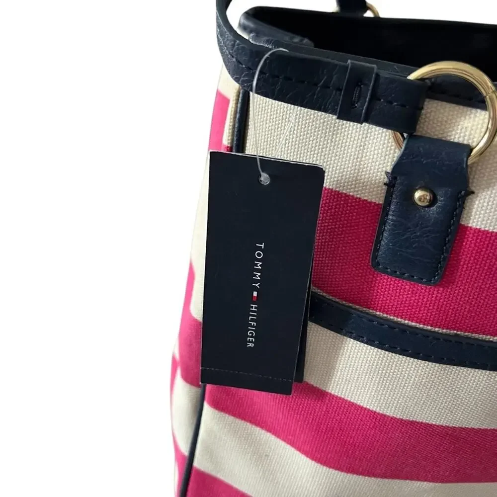 NEW TOMMY HILFIGER Satchel Tote Bag Pink Cream Striped Navy Trim NWT 1652-57